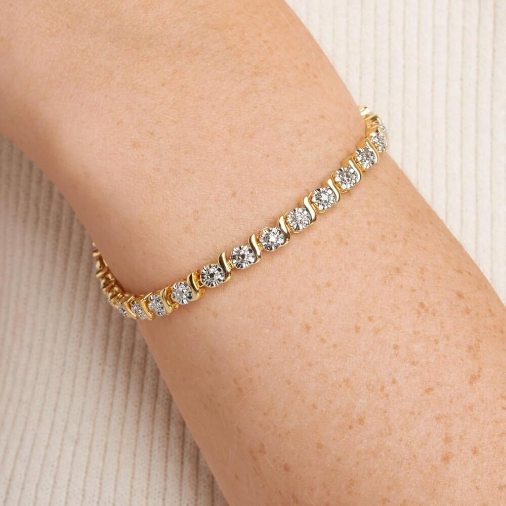 Women’s Tennis Bracelet Gold Plated Diamond Accent S-Link Chain 7.25 Inch - Picture 3 of 7